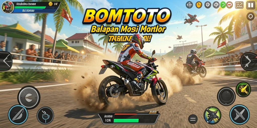 Tampilan permainan BOMTOTO dengan balapan motor yang mendebarkan.
