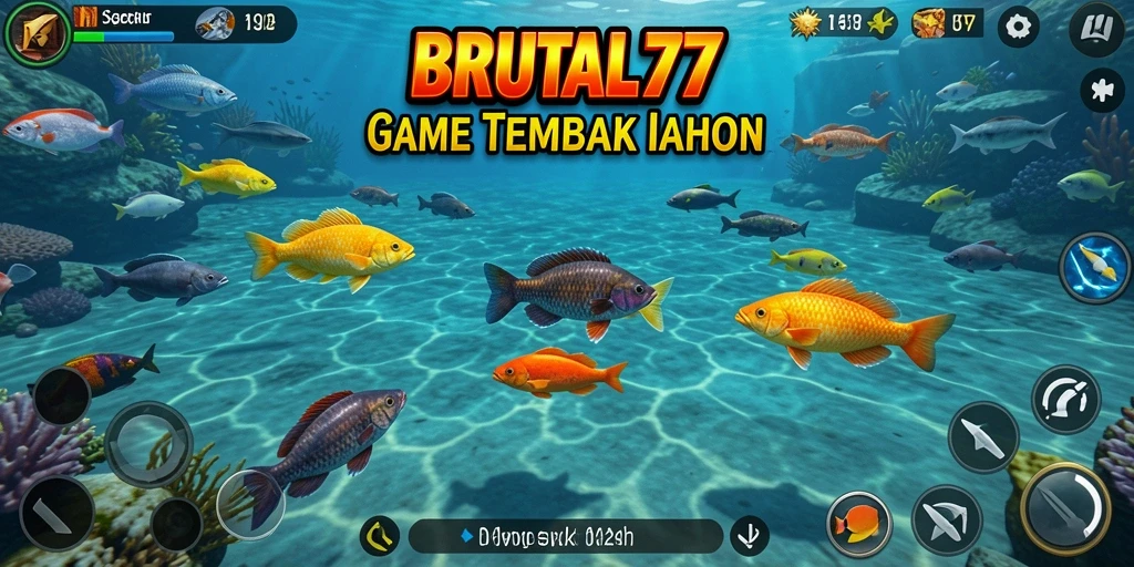 Tangkapan layar gameplay BRUTAL77 saat menembak ikan-ikan besar di laut.
