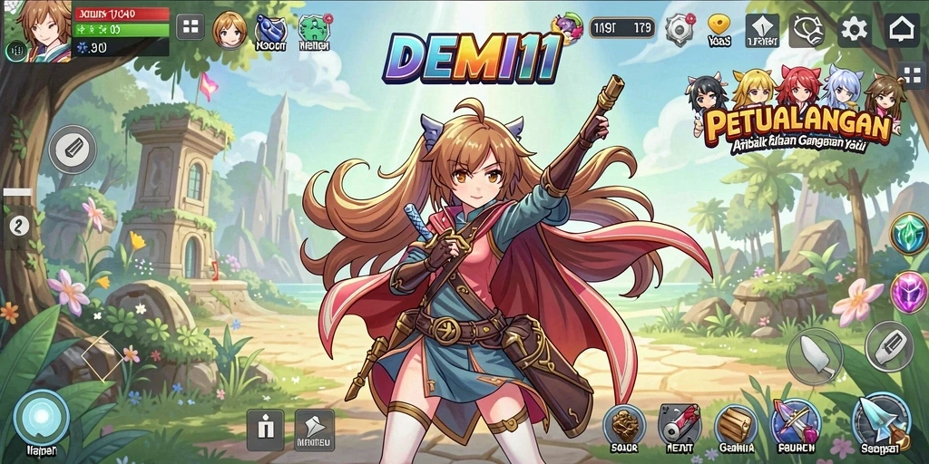 Tampilan gameplay DEMI11 yang penuh warna dan dinamis.