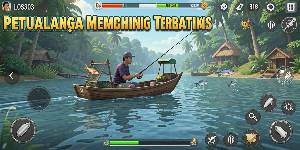 Screenshot gameplay dengan pemain sedang memancing di danau.