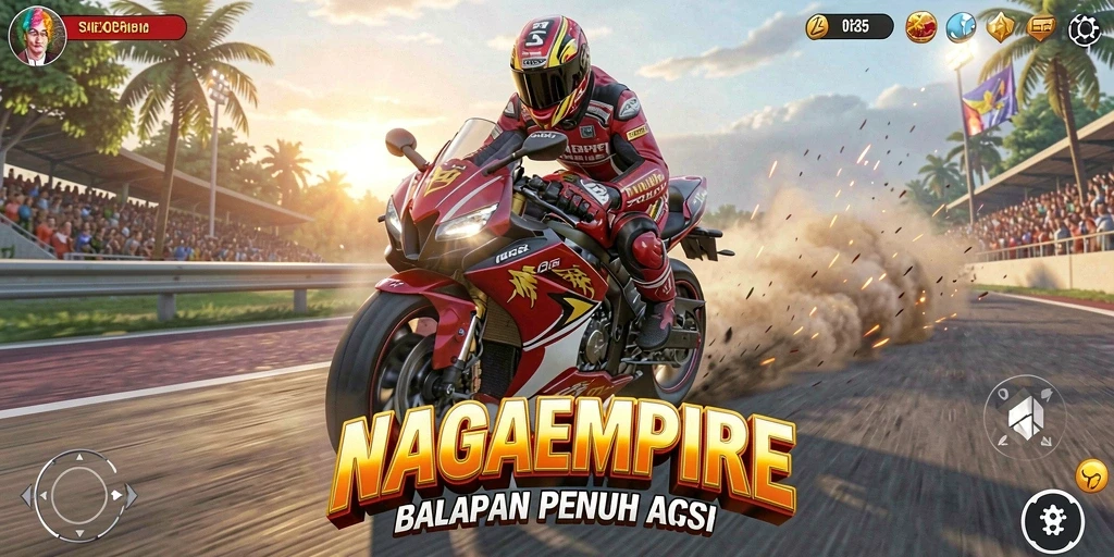 Tangkapan layar dari gameplay NAGAEMPIRE yang menampilkan balapan motor yang mendebarkan.