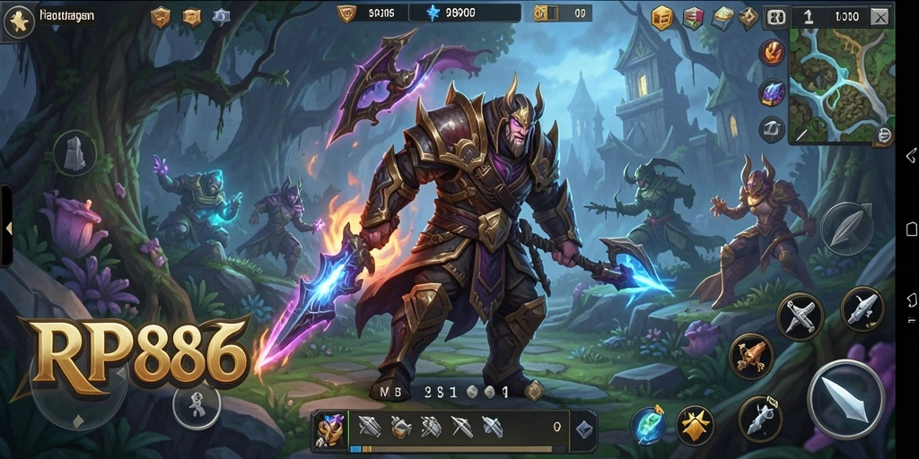 Screenshot menampilkan aksi pertarungan seru dalam RP886 di dunia fantasi.