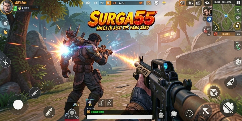 Screenshot utama SURGA55 menampilkan aksi pertempuran TPS yang mendebarkan.